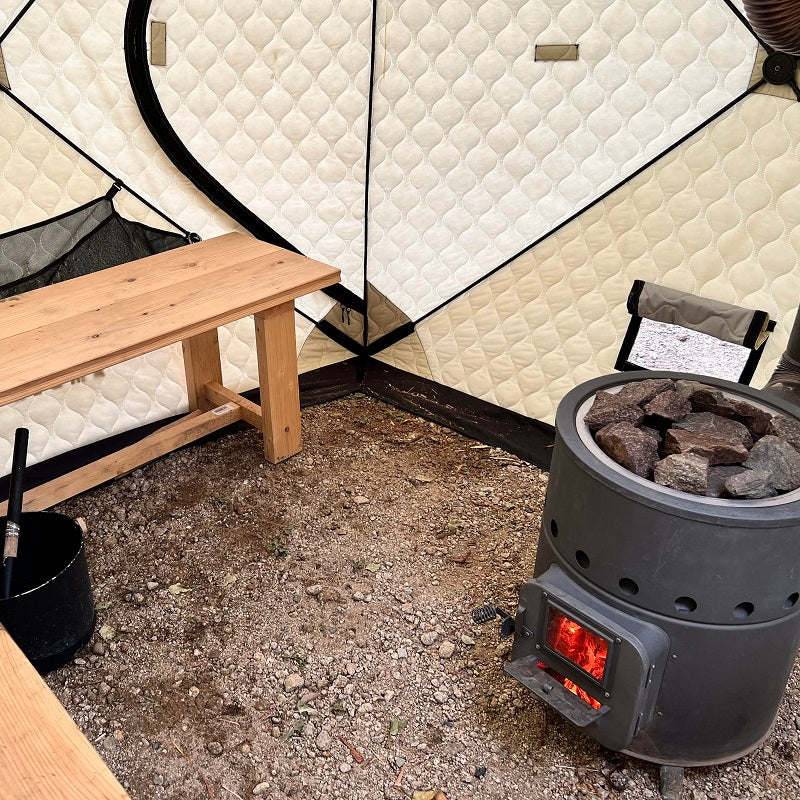 AMBERテント型サウナtotonoi2+ホンマ製作所別注薪ストーブ「AMBER BLACK」遮熱板付 4人用
